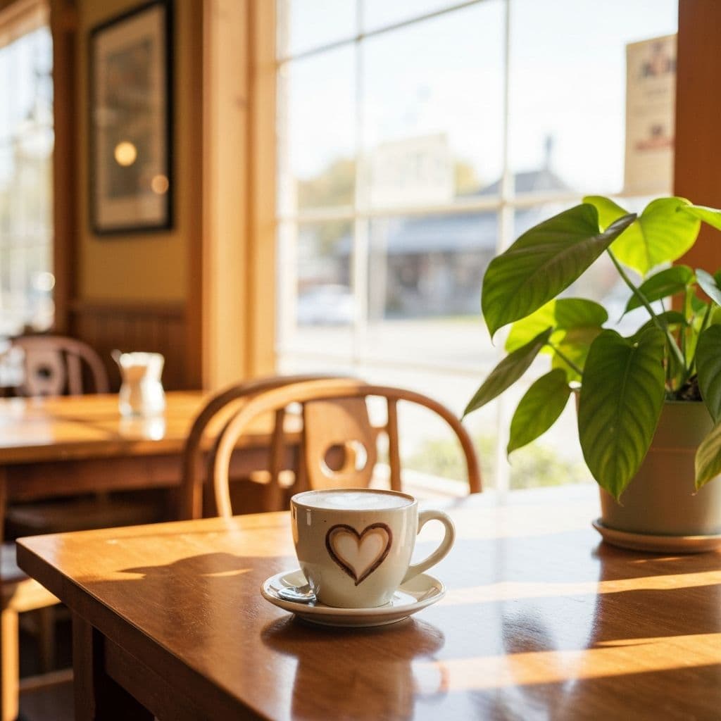A latte in a ceramic mug at a small local coffee shop with morning light