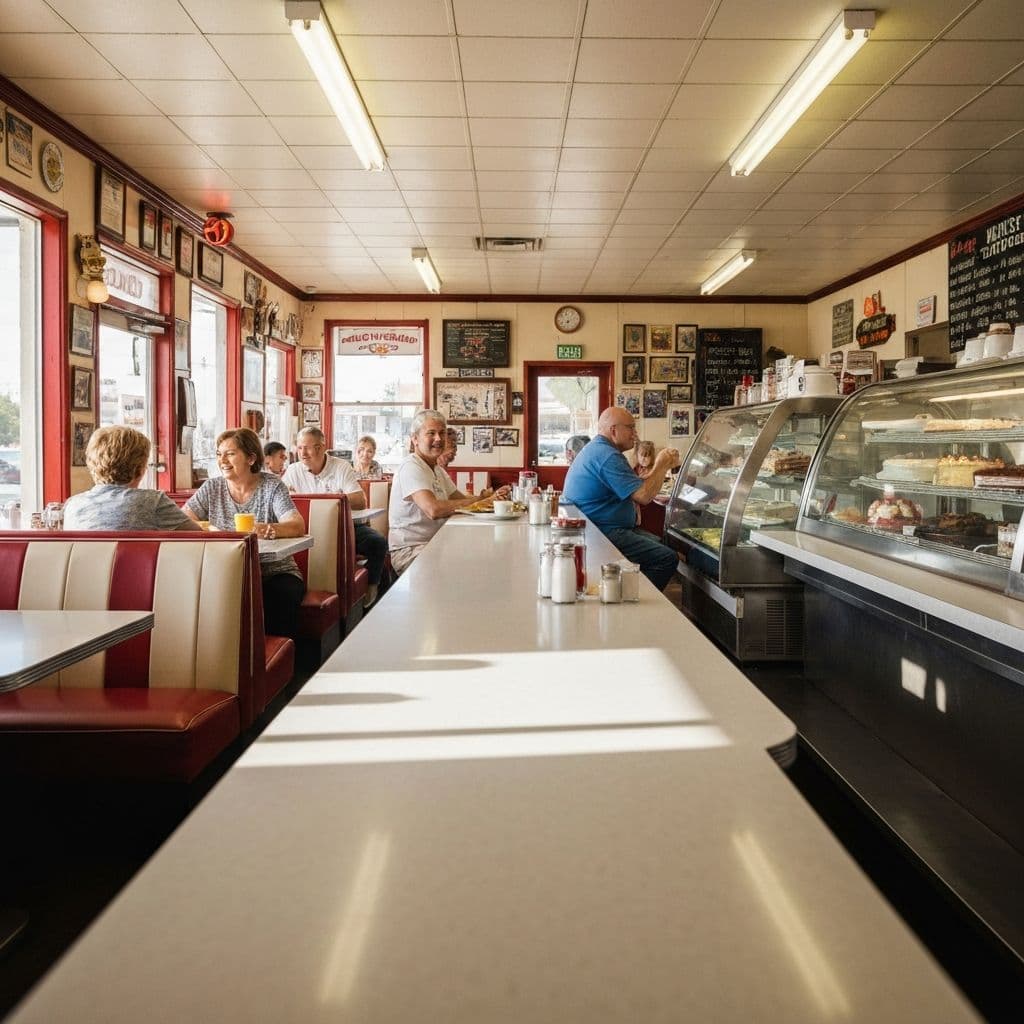 Classic small-town Southern diner with vinyl booths and a pie case