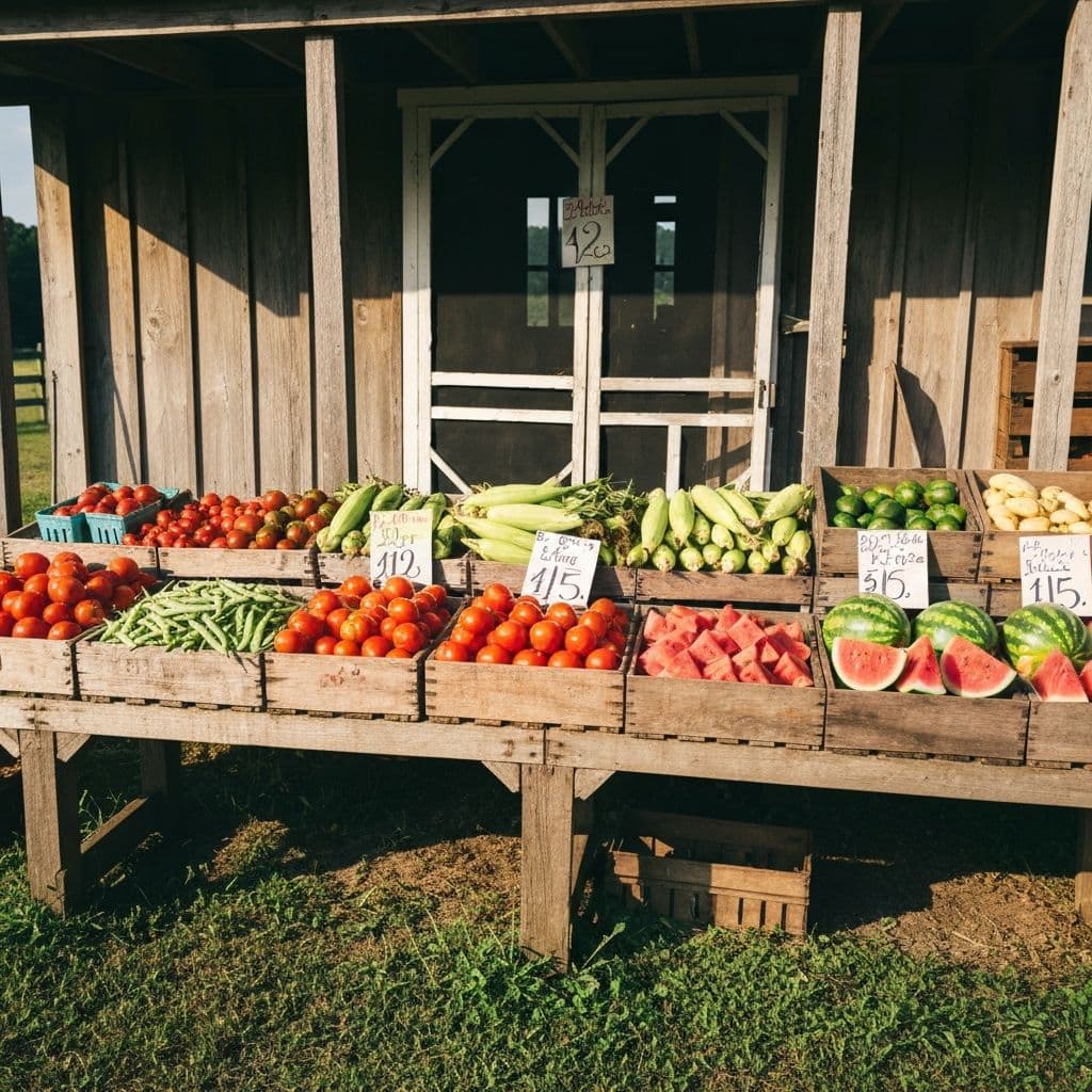 A roadside farm stand with wooden crates of tomatoes, corn, and watermelon