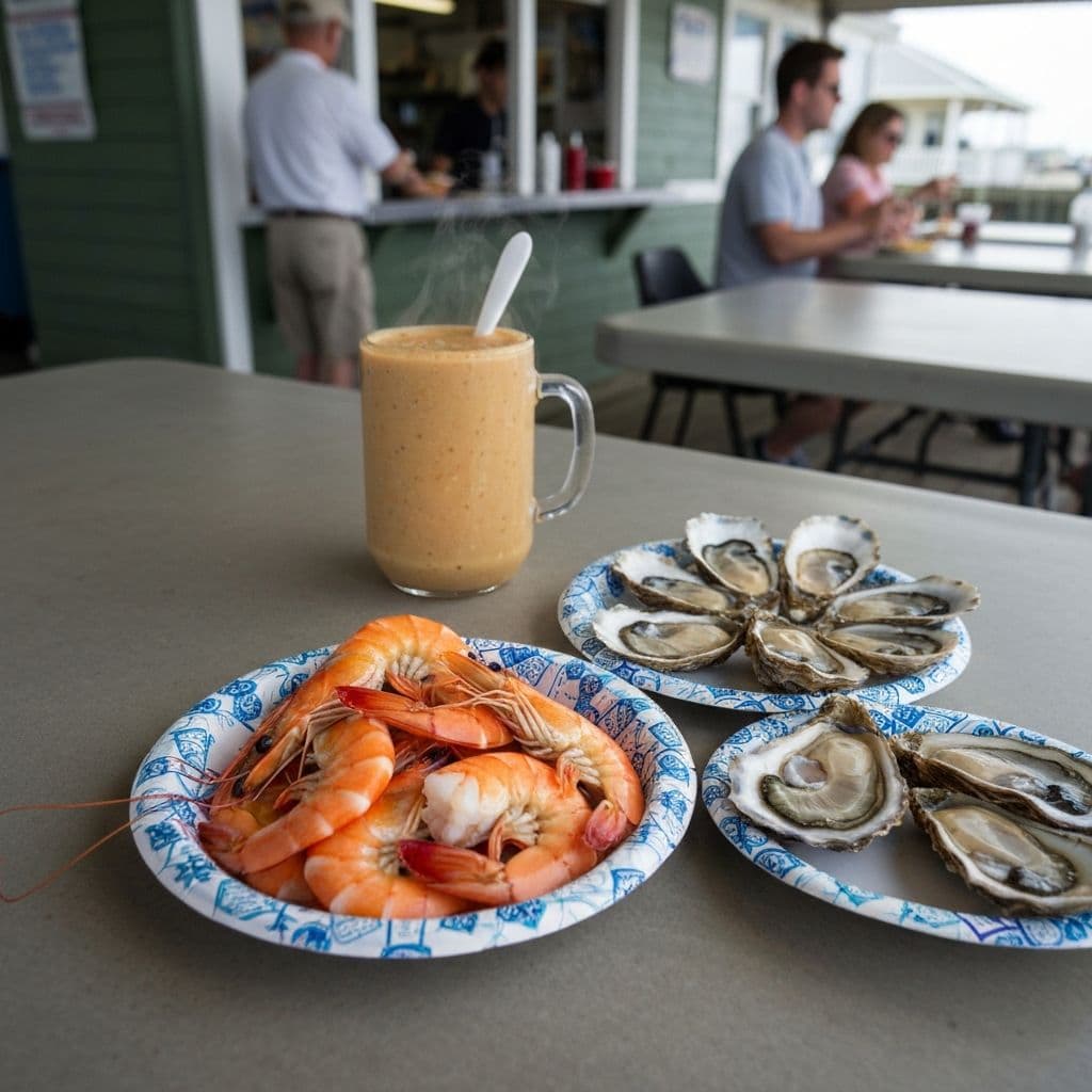 Fresh boiled shrimp and oysters at a coastal NC seafood shack