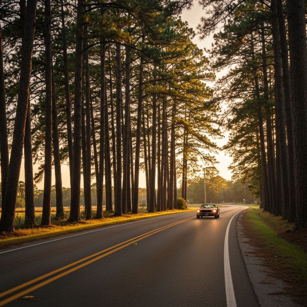 A scenic backroad through longleaf pine forest near Burgaw NC