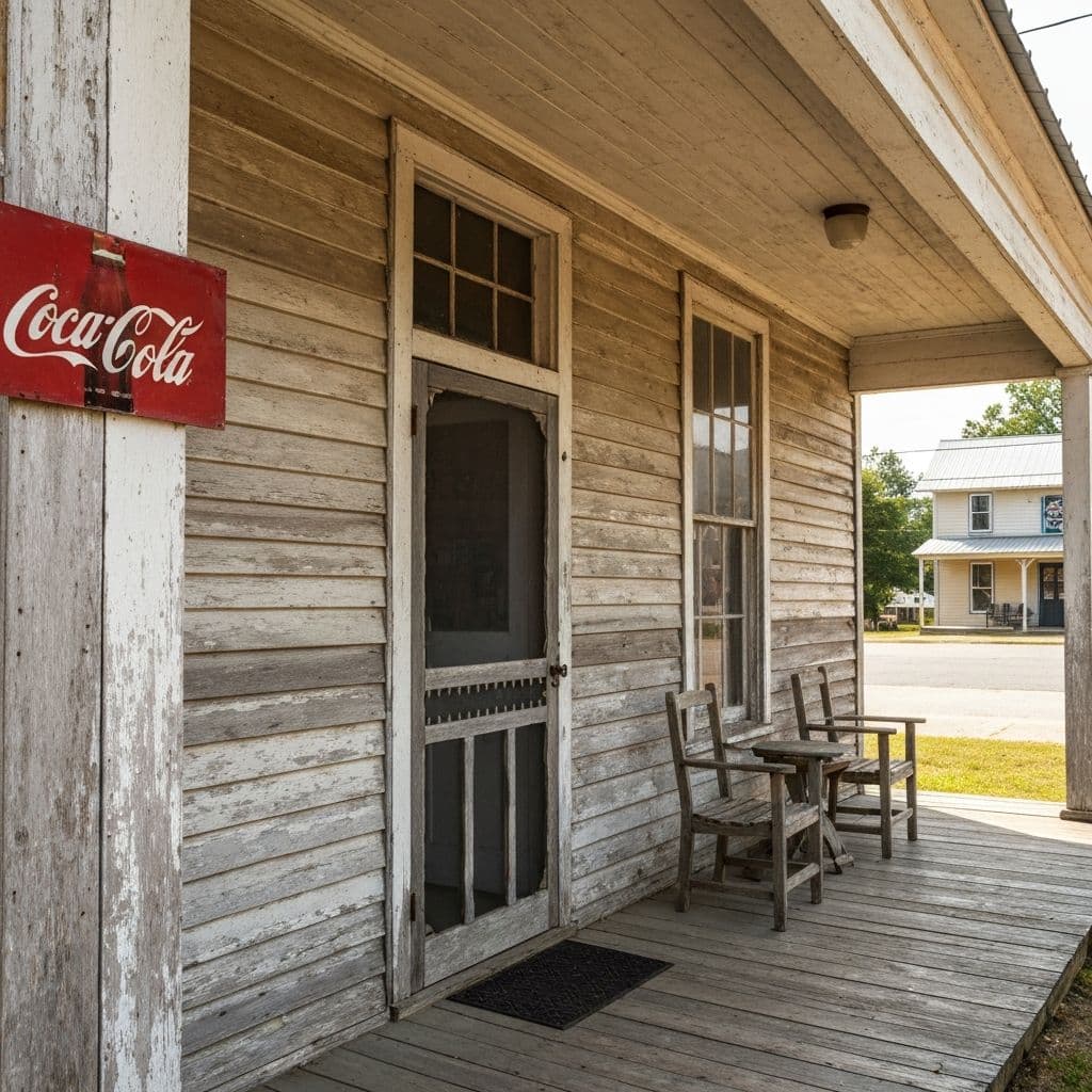 Old Southern general store with screen door and wooden porch in rural North Carolina