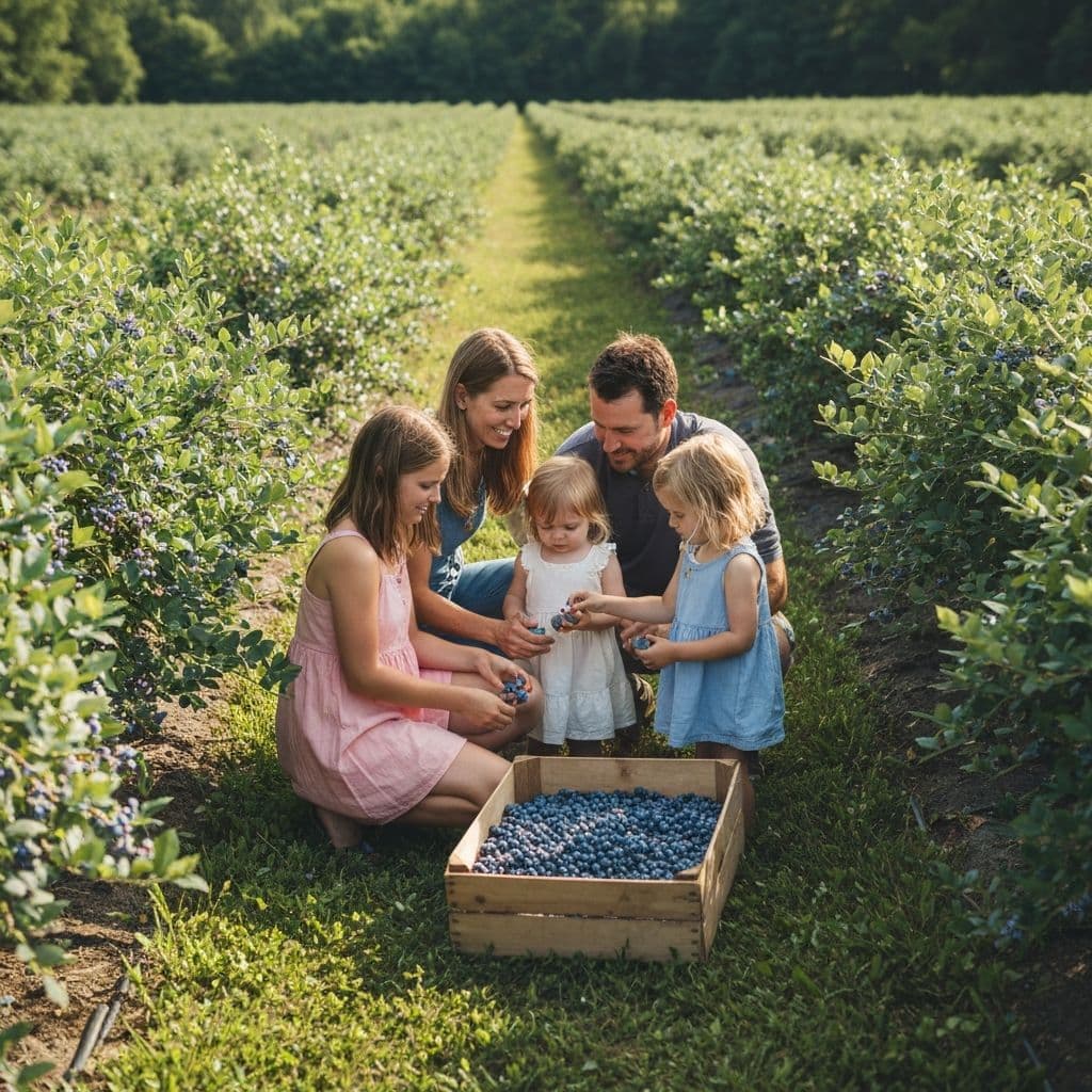 Family picking blueberries in sunny rows