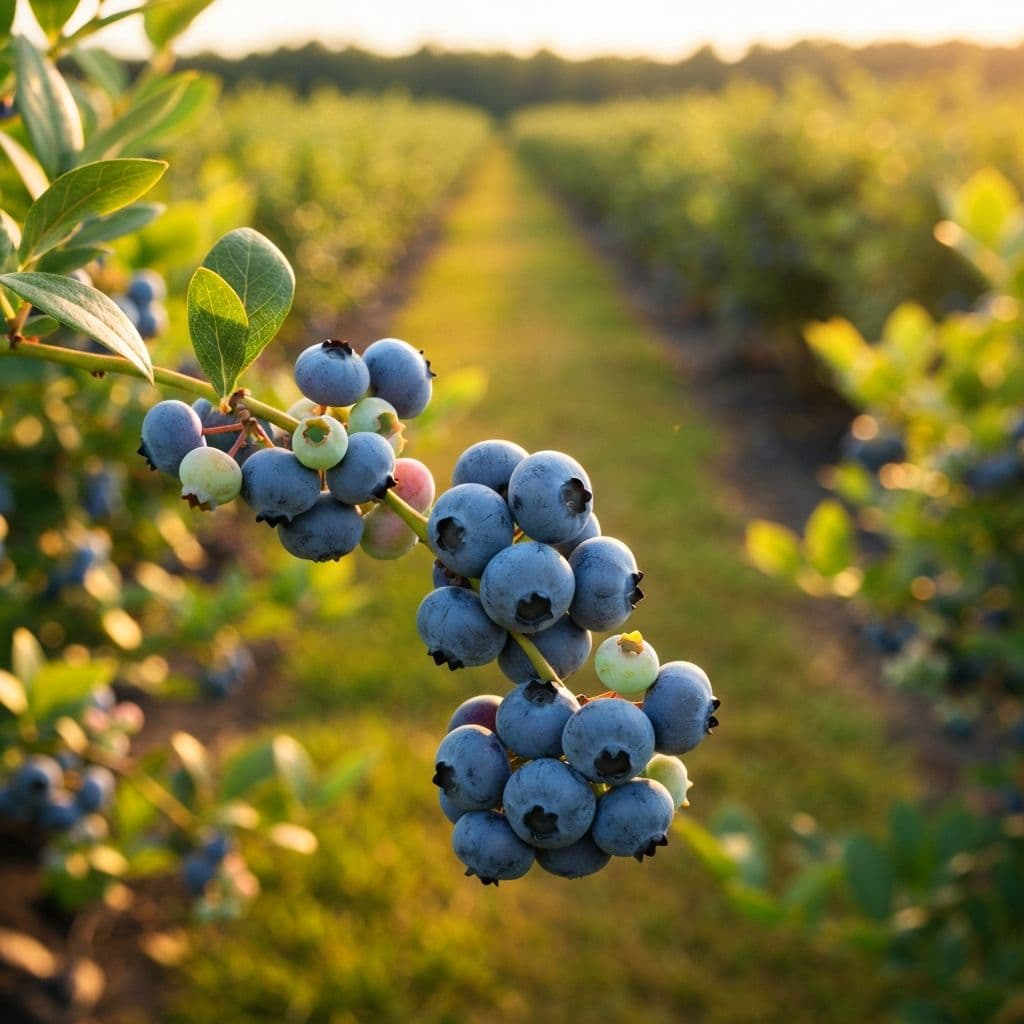 Ripe blueberries on the bush at a Pender County farm