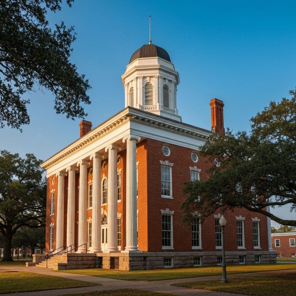 Historic Pender County Courthouse, red brick with white columns