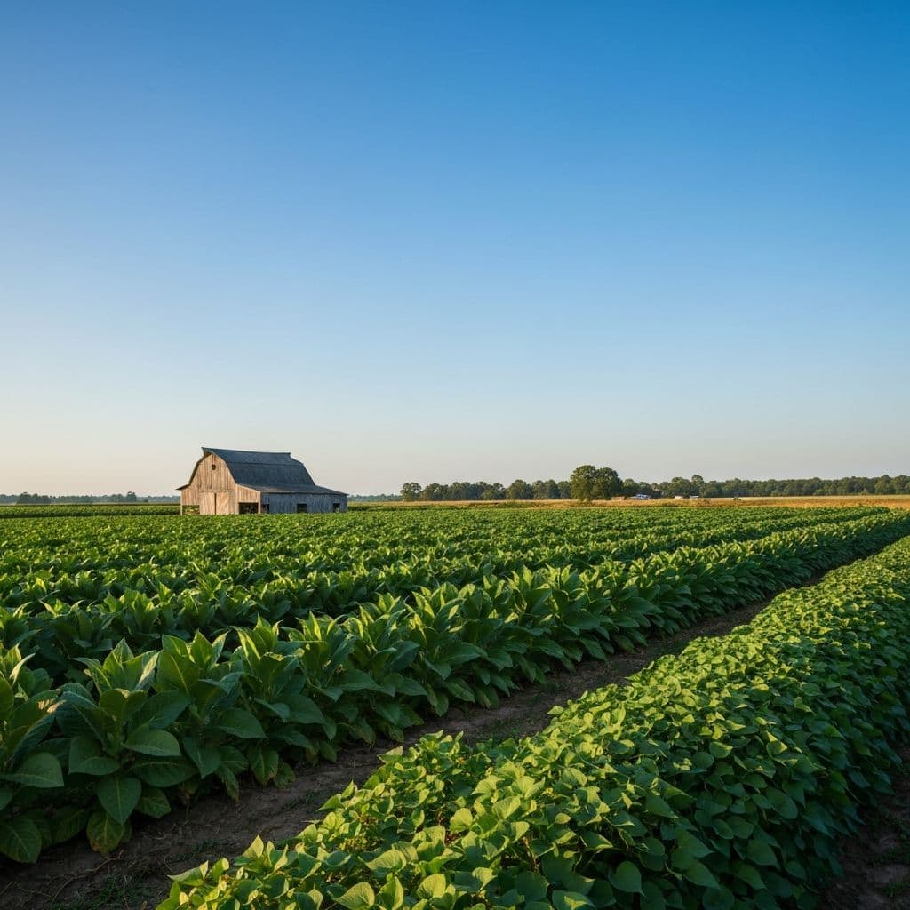 Wide flat farm fields under a vast blue sky in eastern North Carolina