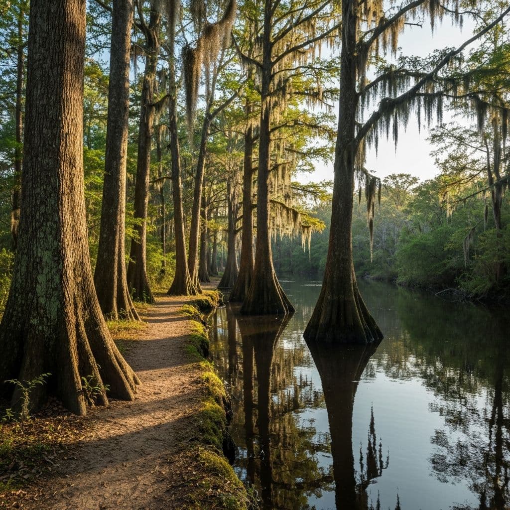 Peaceful river walk with cypress trees and Spanish moss in morning light