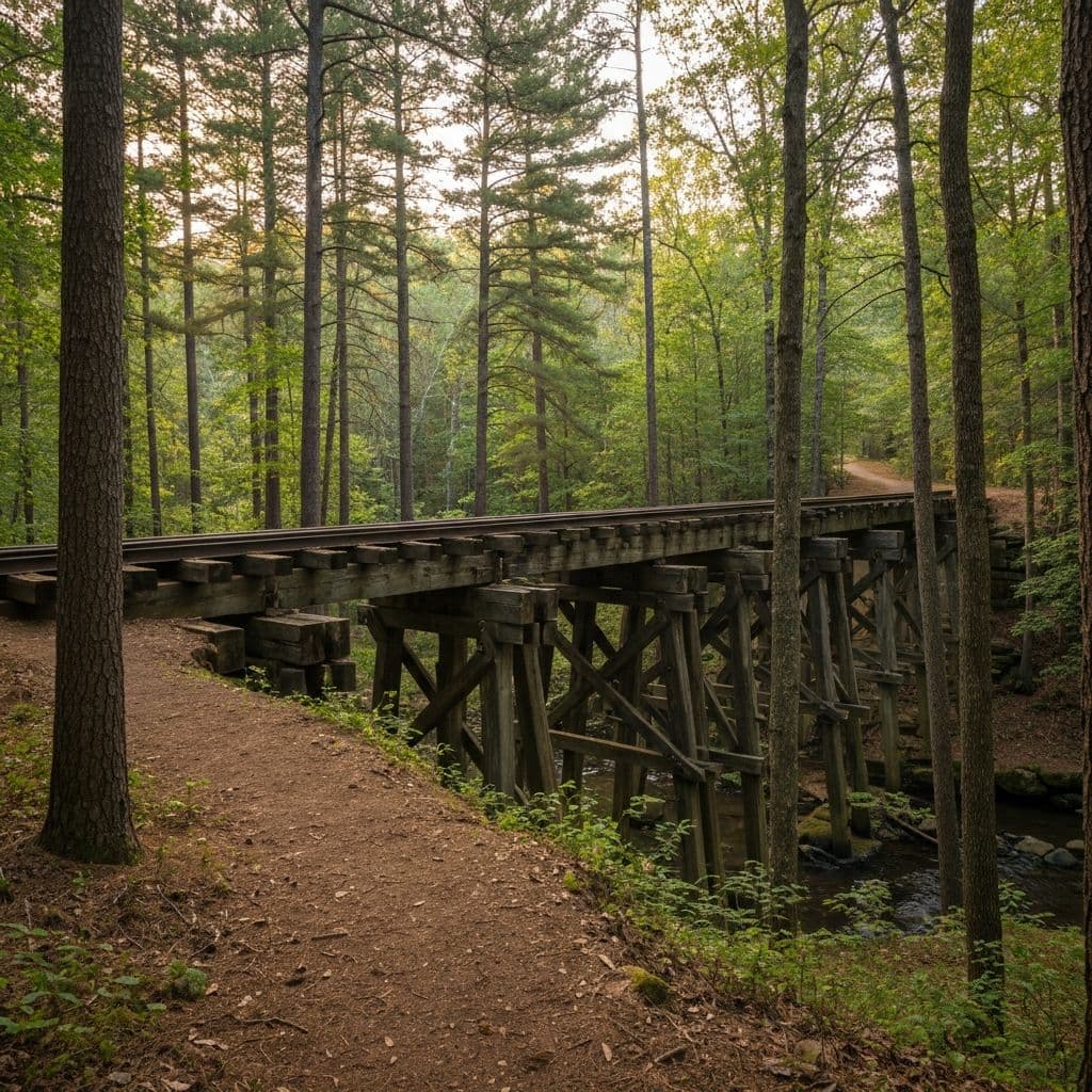 Weathered wooden railroad trestle bridge over a small creek in a North Carolina forest
