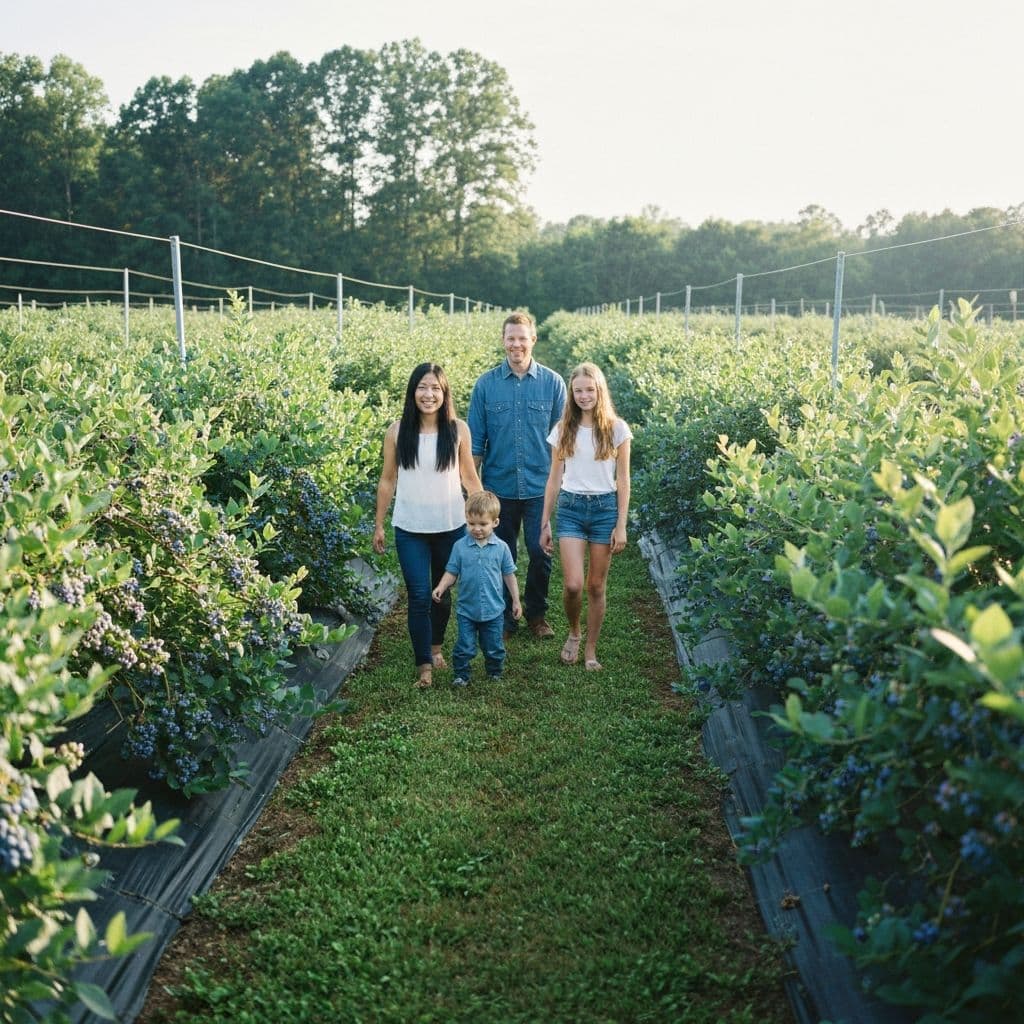 A family picking blueberries at a U-pick farm in North Carolina